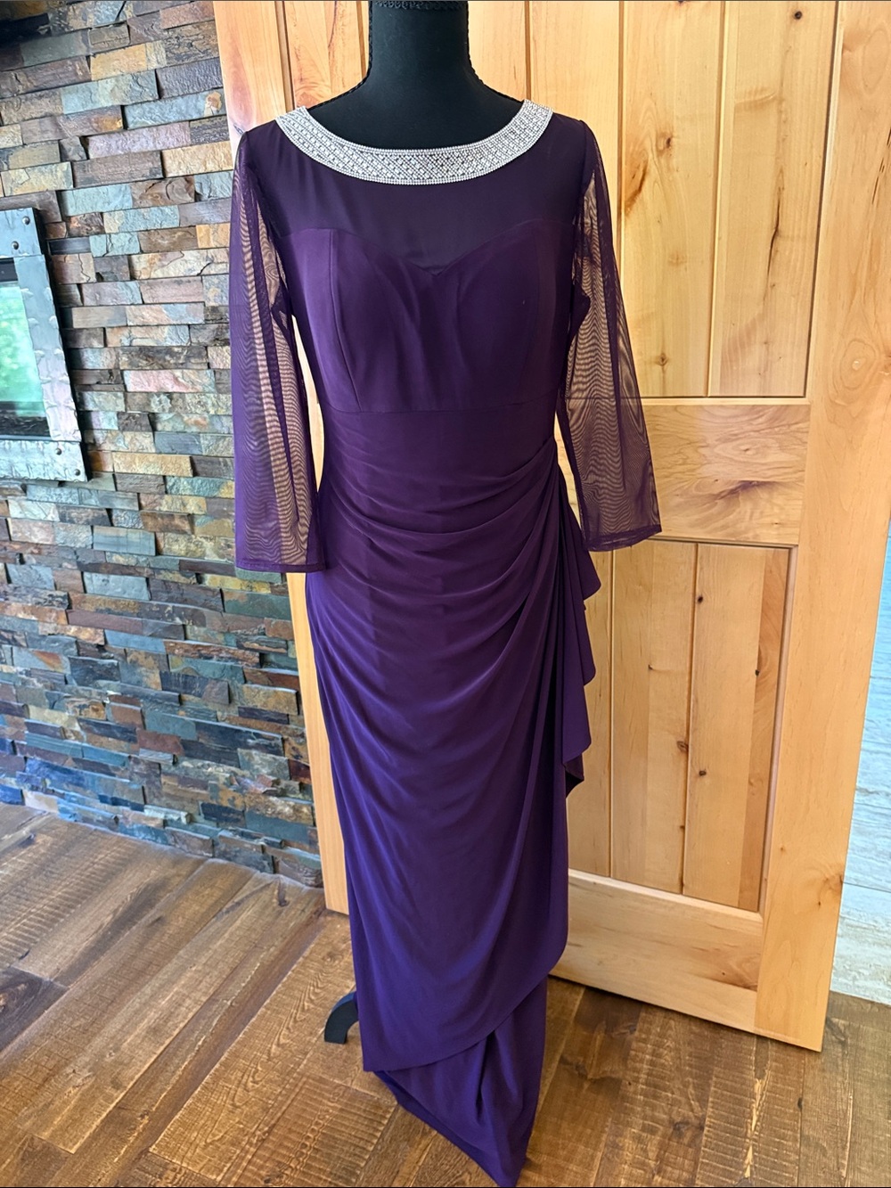Alex Evenings Deep Purple Long Sleeve Evening Gown with Beaded Collar